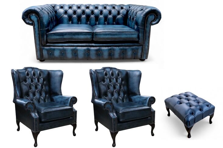 Chesterfield 2 Seater Sofa + 2 x Mallory Wing Chair + Footstool Leather Sofa Suite Offer Antique Blue