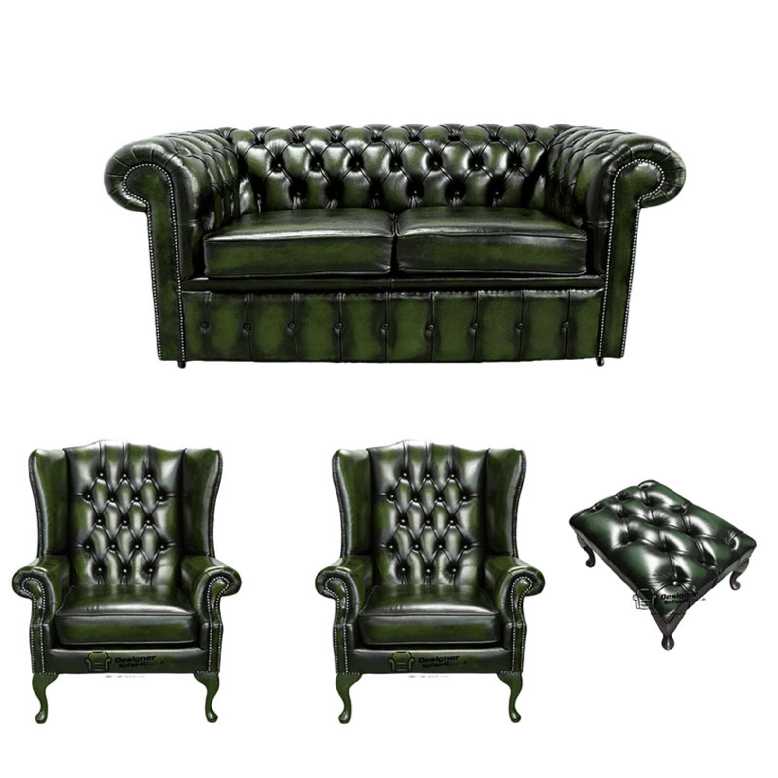 Product photograph of Chesterfield 2 Seater Sofa 2 X Mallory Wing Chair Footstool Leather Sofa Suite Offer Antique Green from Designer Sofas 4U