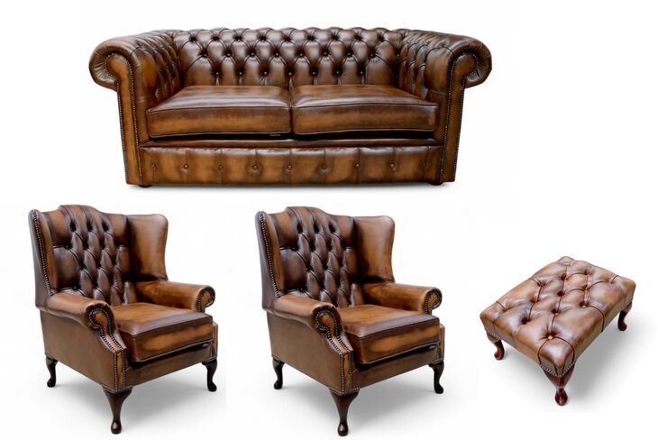 Chesterfield 2 Seater Sofa + 2 x Mallory Wing Chair + Footstool Leather Sofa Suite Offer Antique Tan