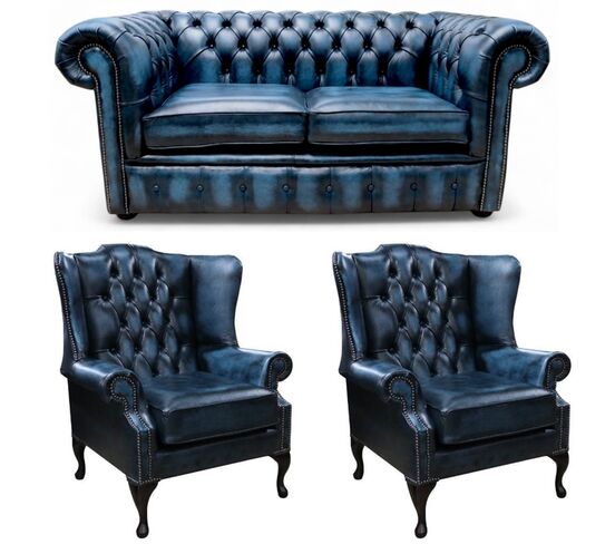 Chesterfield 2 Seater Sofa + 2 x Mallory Queen Anne Wing Chairs Leather Sofa Suite Antique Blue