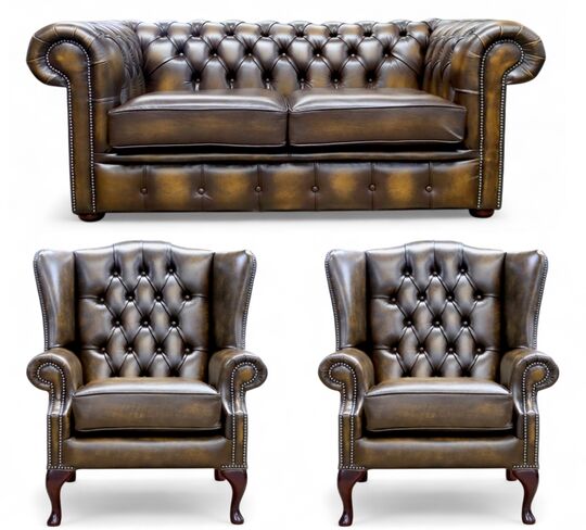 Chesterfield 2 Seater Sofa + 2 x Mallory Wing Chairs Leather Sofa Suite Offer Antique Gold