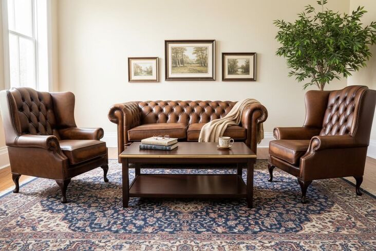 Chesterfield 2 Seater Sofa + 2 x Mallory Wing Chairs Leather Sofa Suite Offer Antique Tan