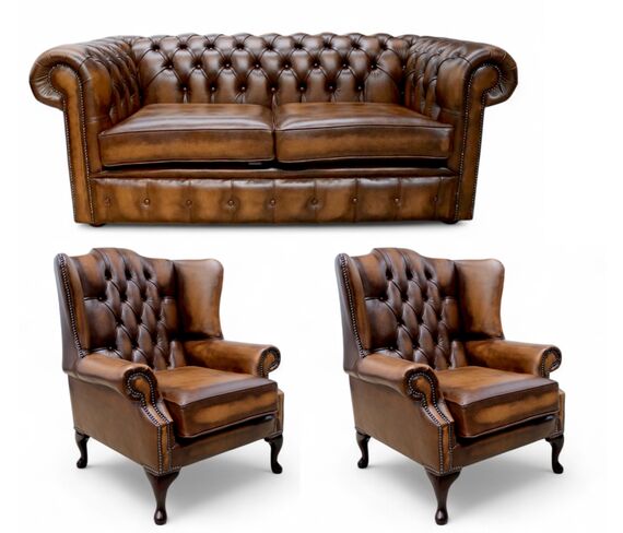 Chesterfield 2 Seater Sofa + 2 x Mallory Wing Chairs Leather Sofa Suite Offer Antique Tan