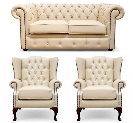 Chesterfield 2 Seater Sofa + 2 x Mallory Wing Chairs Leather Sofa Suite Offer Ivory