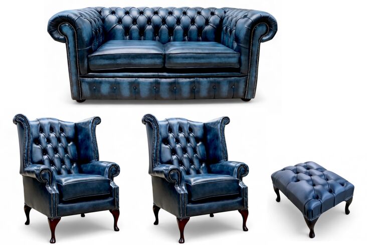 Chesterfield 2 Seater Sofa + 2 x Queen Anne Chairs + Footstool Leather Sofa Suite Offer Antique Blue