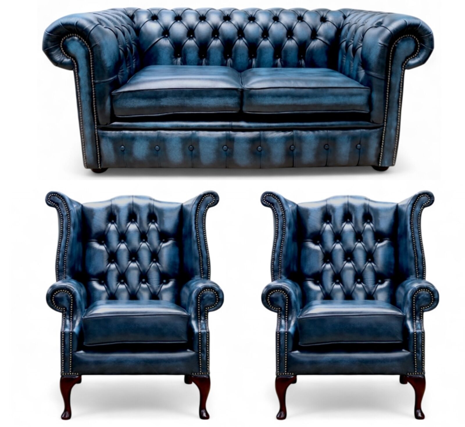 Chesterfield 2 Seater Sofa + 2 x Queen Anne Chairs Leather Sofa Suite Offer Antique Blue