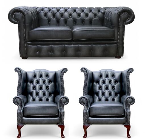 Chesterfield 2 Seater Sofa + 2 x Queen Anne Chairs Leather Sofa Suite Offer Antique Grey