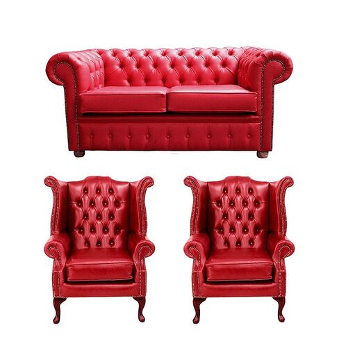 Chesterfield 2 Seater Sofa + 2 x Queen Anne Chairs Old English Gamay Red Leather Sofa Offer