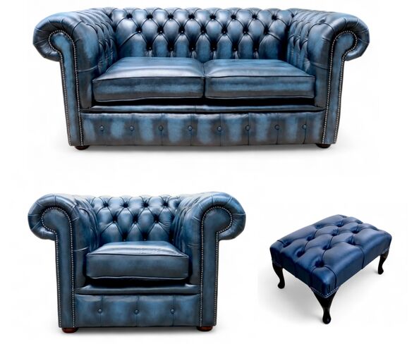 Chesterfield 2 Seater Sofa + Club Chair + Footstool Leather Sofa Suite Offer Antique Blue