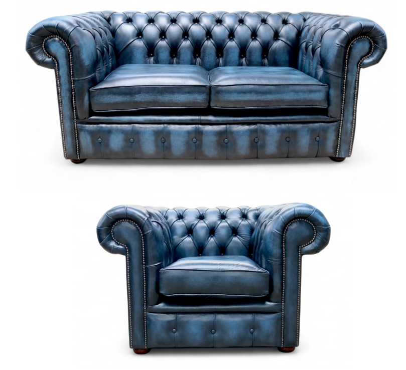Chesterfield 2-Seater Sofa Club Chair Set – Antique Blue Real