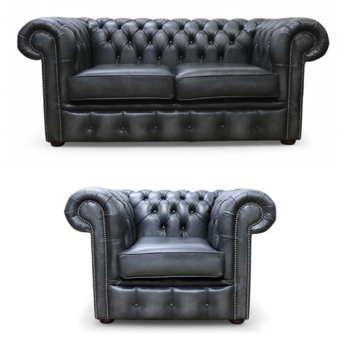 Chesterfield 2 Seater Sofa + Club Chair Leather Sofa Suite Antique Grey Real Leather