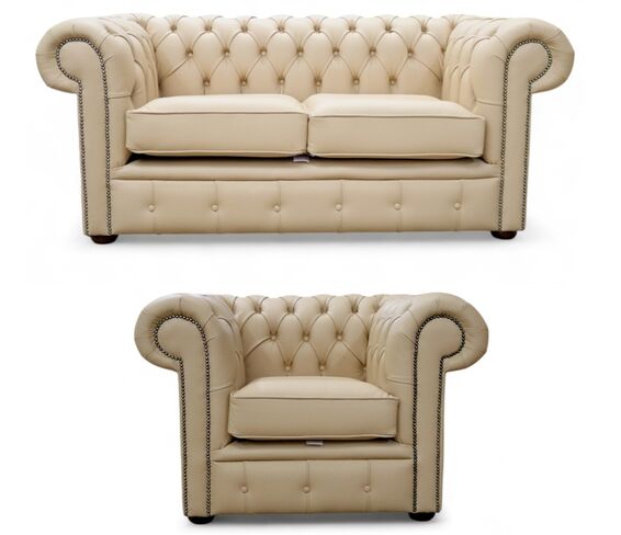 Chesterfield 2 Seater Sofa + Club Chair Leather Sofa Suite Offer Ivory