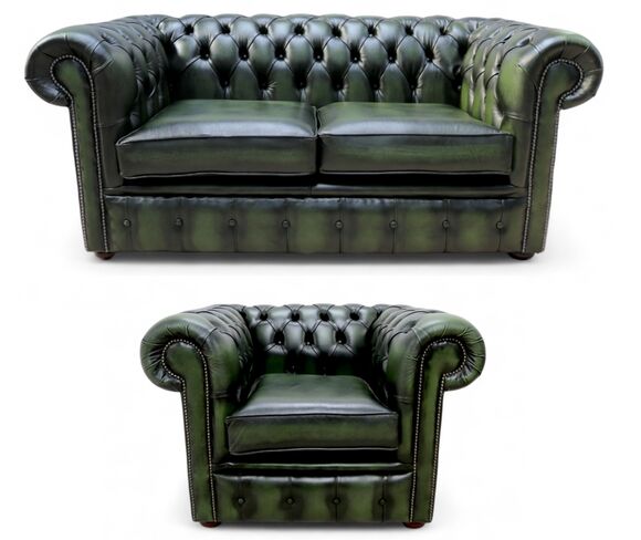 Chesterfield 2 Seater Sofa + Club Chair Leather Sofa Suite Offer Antique Green