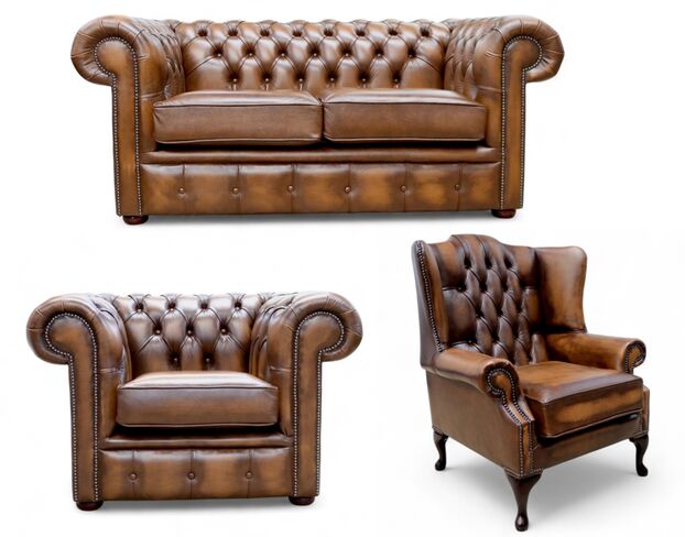 Chesterfield 2 Seater Sofa + Club Chair + Mallory Wing Chair Leather Sofa Suite Offer Antique Tan