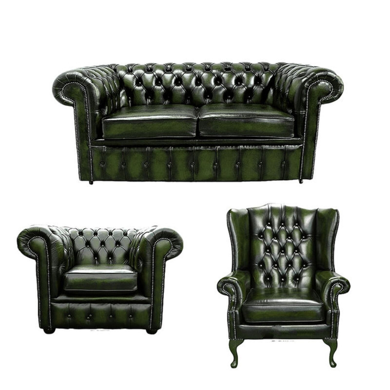 Product photograph of Chesterfield 2 Seater Sofa Club Chair Mallory Wing Chair Leather Sofa Suite Offer Antique Green from Designer Sofas 4U