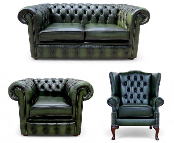 Chesterfield 2 Seater Sofa + Club Chair + Mallory Wing Chair Leather Sofa Suite Offer Antique Green