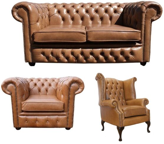 Chesterfield 2 Seater Sofa + Club Chair + Queen Anne Chair Old English Tan Leather Sofa Offer