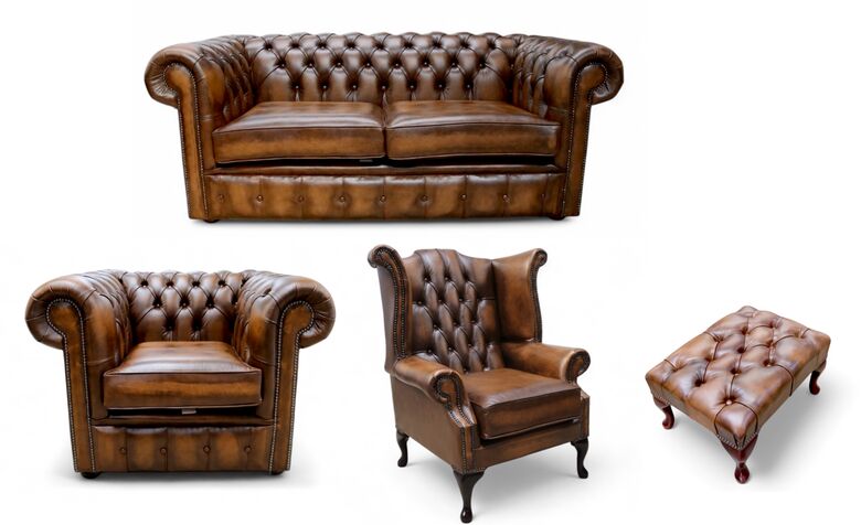 Chesterfield 2 Seater Sofa + Club Chair + Queen Anne Wing Chair + Footstool Leather Sofa Suite Offer Antique Tan