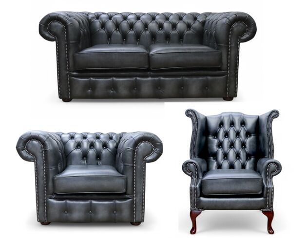 Chesterfield 2 Seater Sofa + Club Chair + Queen Anne Wing Chair Leather Sofa Suite Offer Antique Grey