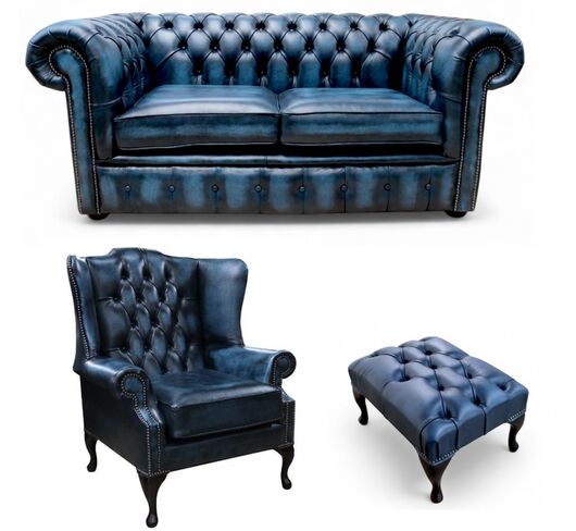 Chesterfield 2 Seater Sofa + Mallory Wing Chair + Footstool Leather Sofa Suite Offer Antique Blue