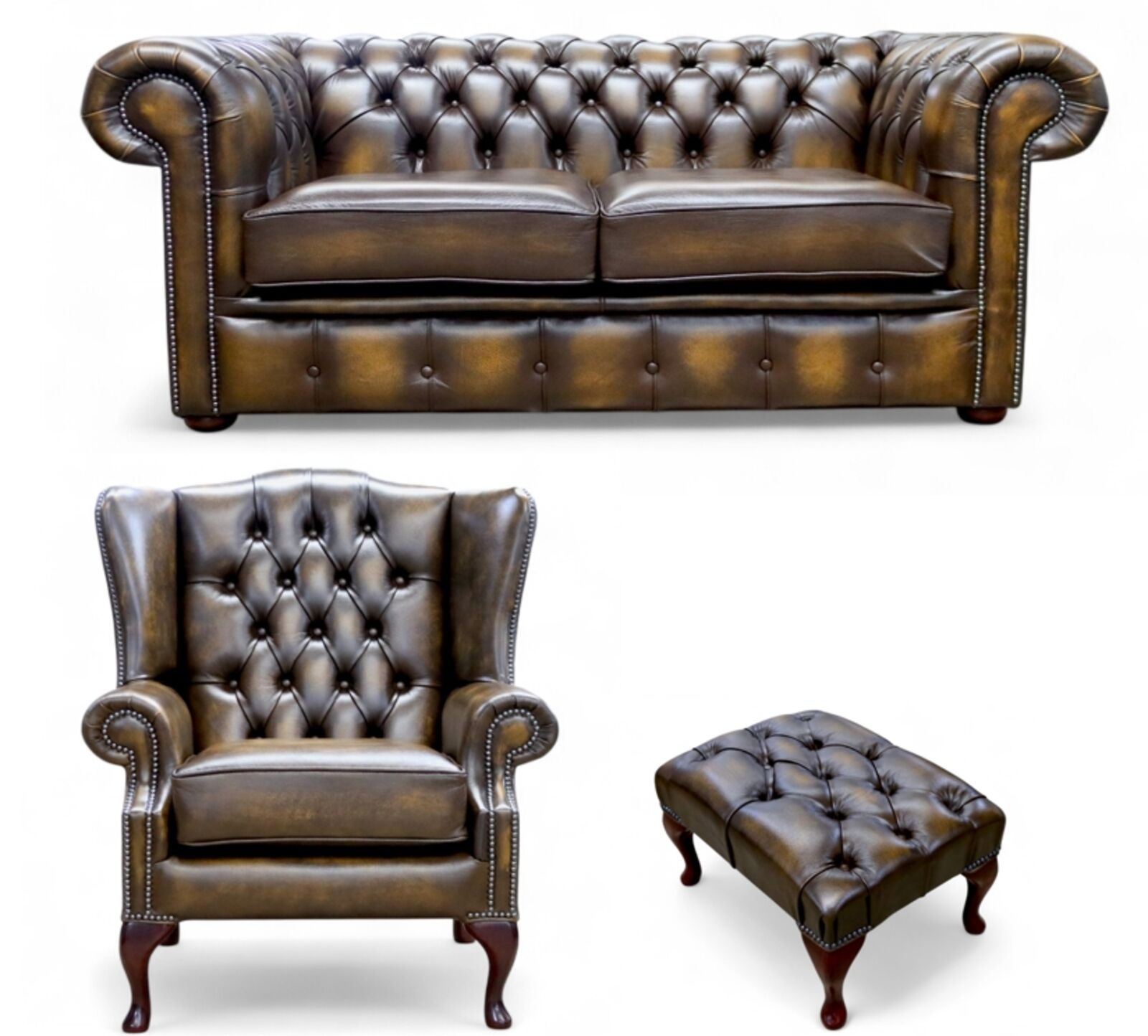 Chesterfield 2 Seater Sofa + Mallory Wing Chair + Footstool Leather Sofa Suite Antique Gold