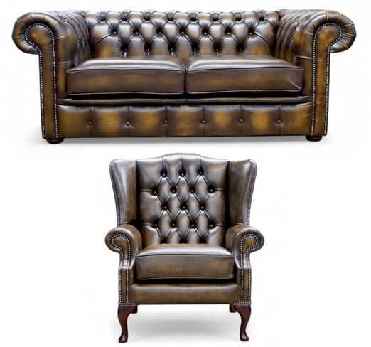 Chesterfield 2 Seater Sofa + Mallory Wing Chair Leather Sofa Suite Offer Antique Gold