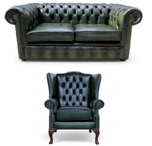 Chesterfield 2 Seater Sofa + Mallory Wing Chair Leather Sofa Suite Offer Antique Green