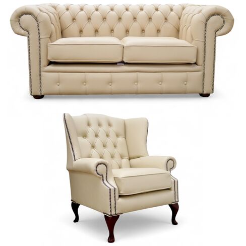 Chesterfield 2 Seater Sofa + Mallory Wing Chair Leather Sofa Suite Offer Ivory