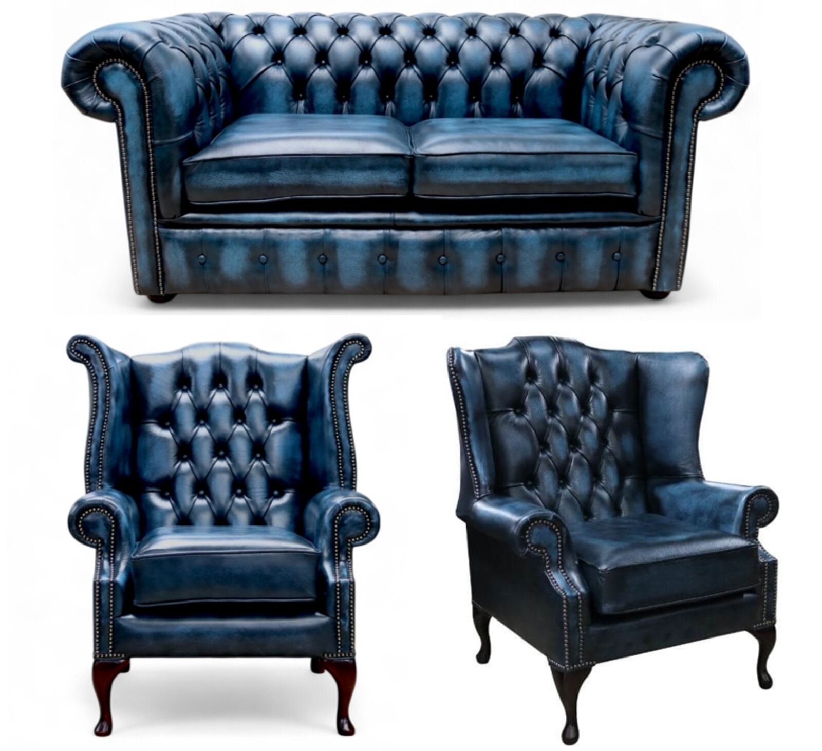 Chesterfield 2 Seater Sofa + Mallory Wing Chair + Queen Anne Wing Chair Leather Sofa Suite Offer Antique Blue