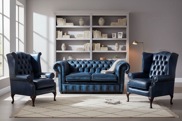 Chesterfield 2 Seater Sofa + Mallory Wing Chair + Queen Anne Wing Chair Leather Sofa Suite Offer Antique Blue