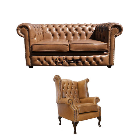 Chesterfield 2 Seater Sofa + Queen Anne Chair Old English Tan Leather Sofa Offer