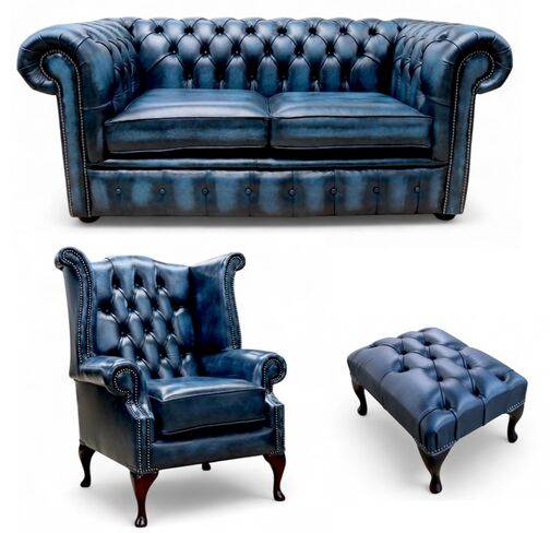 Chesterfield 2 Seater Sofa + Queen Anne + Footstool Leather Sofa Suite Offer Antique Blue