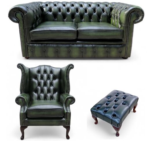 Chesterfield 2 Seater Sofa + Queen Anne + Footstool Leather Sofa Suite Offer Antique Green