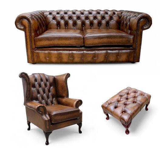 Chesterfield 2 Seater Sofa + Queen Anne + Footstool Leather Sofa Suite Offer Antique Tan
