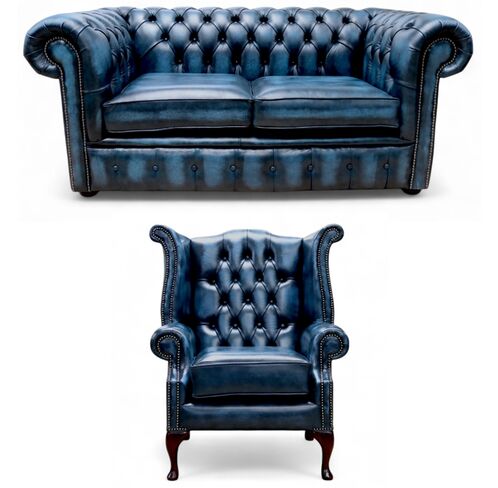Chesterfield 2 Seater Sofa + Queen Anne Wing Chair Leather Sofa Suite Offer Antique Blue