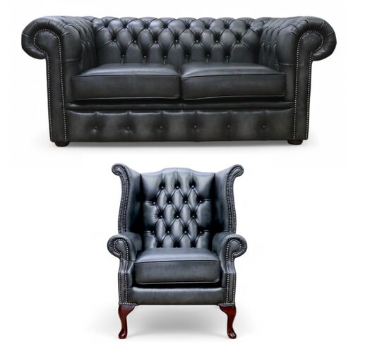 Chesterfield 2 Seater Sofa + Queen Anne Wing Chair Leather Sofa Suite Offer Antique Grey