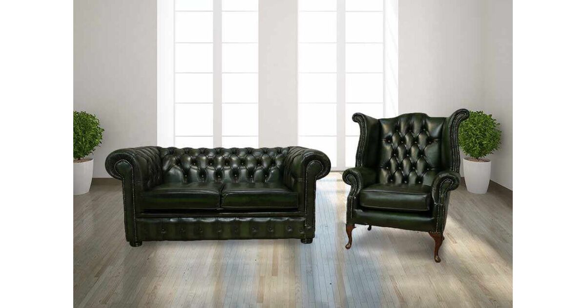 Leather Chesterfield Suite Antique, Old Green Leather Sofa Bed