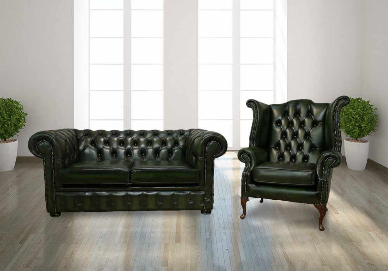 Product photograph of Leather Chesterfield Suite Antique Green Handmade In Uk Designersofas4u from Designer Sofas 4U