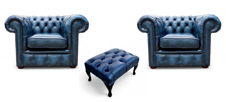 Chesterfield 2 x Club Chairs + Footstool Leather Sofa Suite Antique Blue