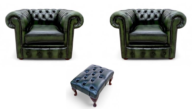 Chesterfield 2 x Club Chairs + Footstool Leather Sofa Suite Offer Antique Green