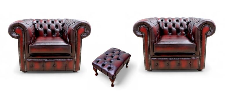 Chesterfield 2 x Club Chairs + Footstool Leather Sofa Suite Offer Antique Oxblood