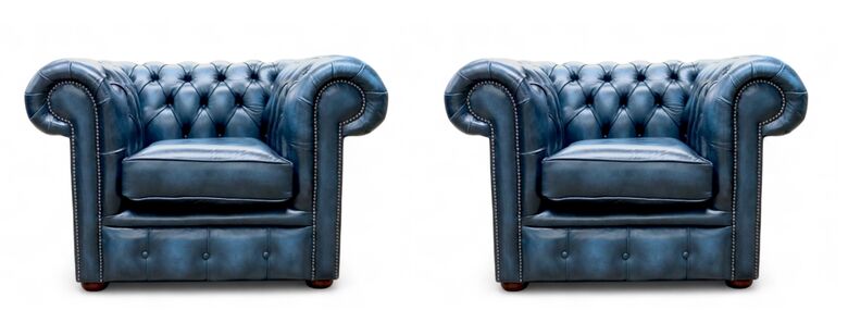 Chesterfield 2 x Club Chairs Leather Sofa Suite Offer Antique Blue
