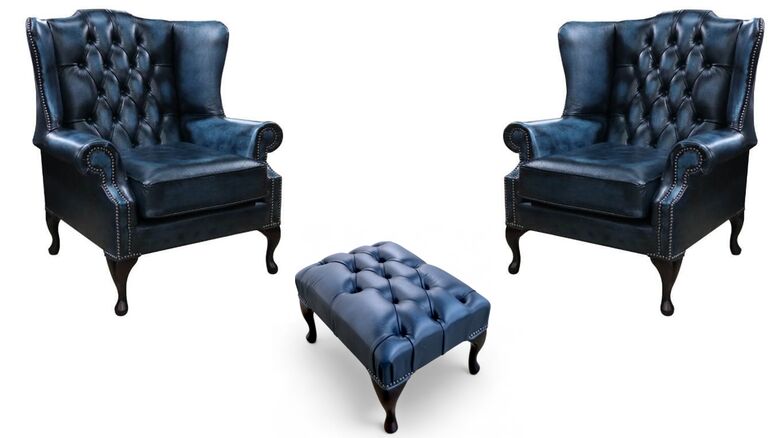 Chesterfield 2 x Mallory Wing Chair + Footstool Leather Sofa Suite Offer Antique Blue