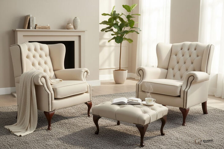 Chesterfield 2 x Mallory Wing Chair + Footstool Leather Sofa Suite Offer Ivory
