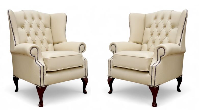 Chesterfield 2 x Mallory Queen Anne Wing Chairs Ivory Leather