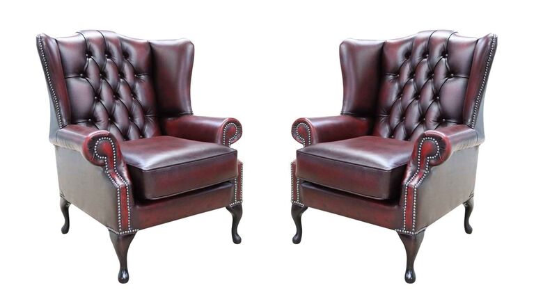 Chesterfield 2 x Mallory Wing Chair Leather Sofa Suite Offer Antique Oxblood