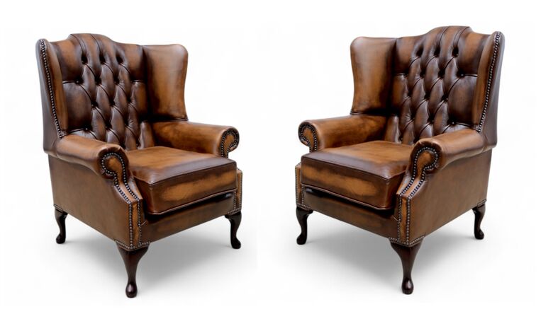 Chesterfield 2 x Mallory Wing Chair Leather Sofa Suite Offer Antique Tan
