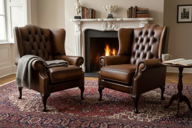 Chesterfield 2 x Mallory Wing Chair Leather Sofa Suite Offer Antique Tan