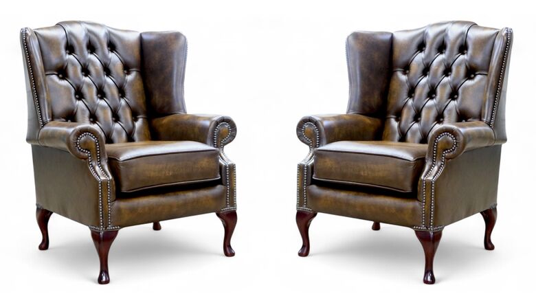 Pair Of Bloomsbury Queen Anne Wingback Armchairs Antique Gold Leather