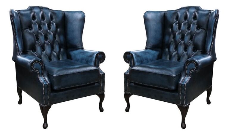 Chesterfield 2 x Mallory Wing Chairs Leather Sofa Offer Antique Blue